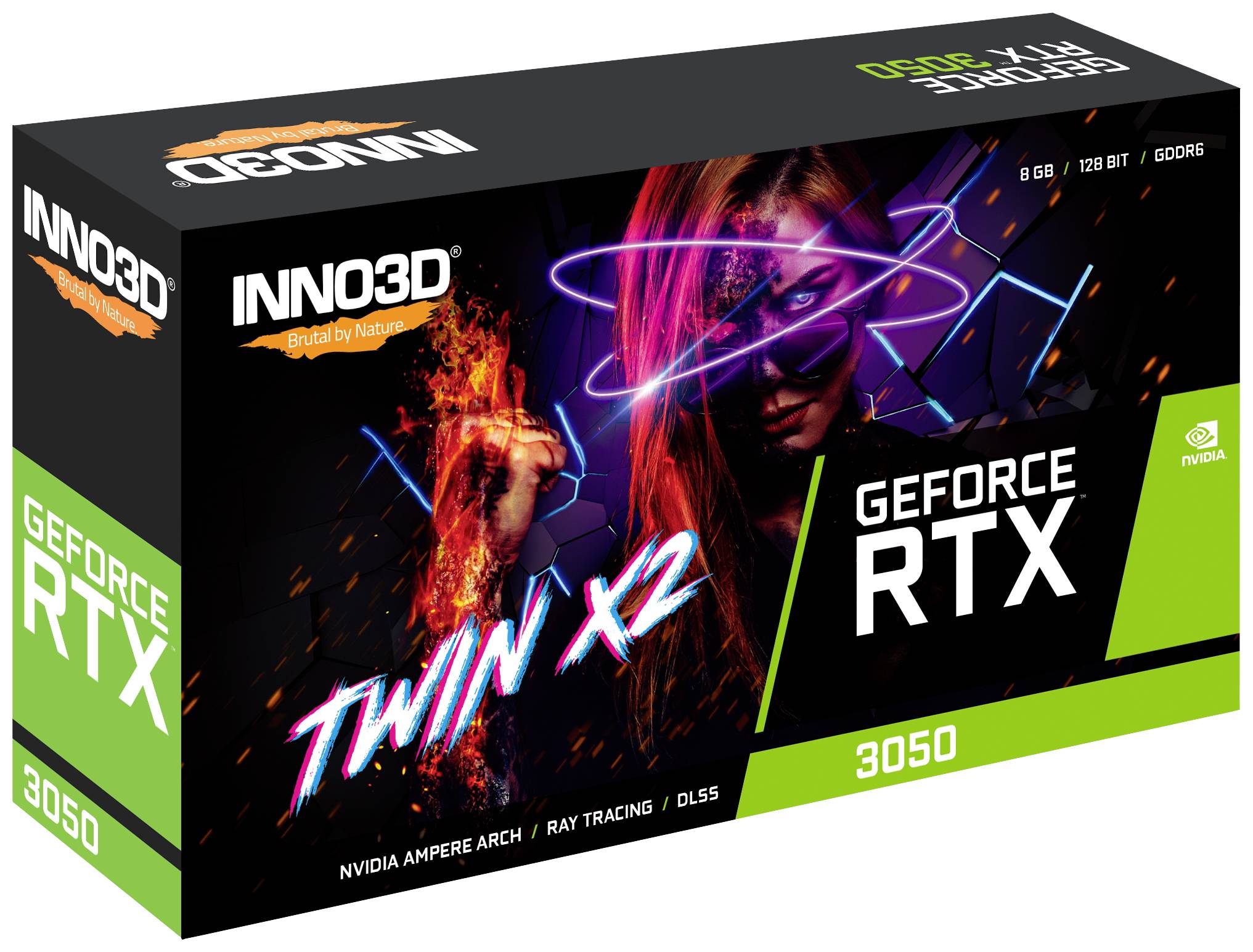 Opakowanie karty graficznej Inno3D GeForce RTX 3050 Twin X2. Przedstawia kobietę z neonowymi efektami, reklamujące funkcje takie jak śledzenie promieni (Ray Tracing) i technologię DLSS.