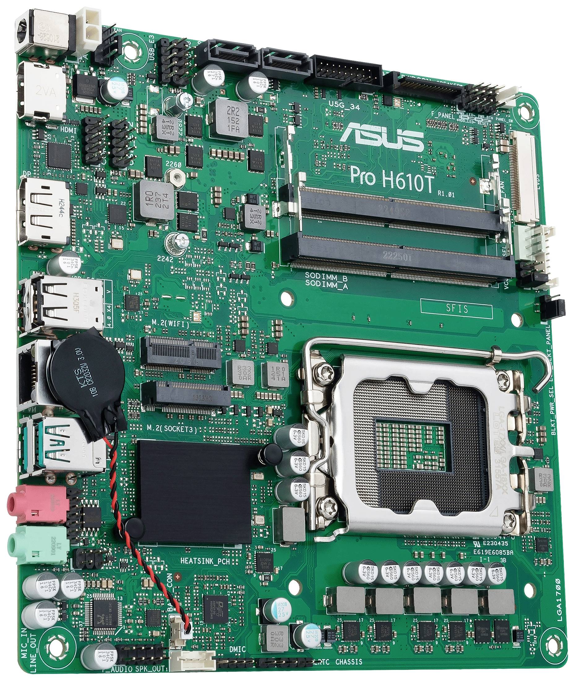 Płyta główna z oznaczeniem 'ASUS Pro H610T', pokazująca gniazdo procesora, sloty pamięci RAM oraz różne złącza do podłączenia urządzeń peryferyjnych.