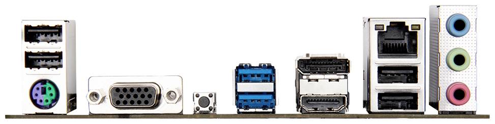 Tylna strona płyty głównej komputera z różnymi złączami: USB, VGA, HDMI, Ethernet oraz Audio do podłączenia różnych urządzeń.