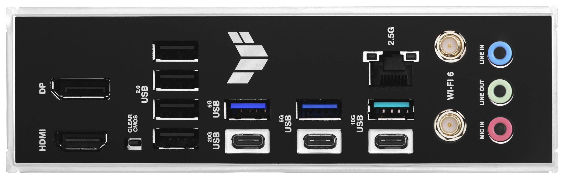 Tylna strona płyty głównej komputera z różnymi złączami: HDMI, DisplayPort, wieloma portami USB, gniazdami Ethernet oraz wejściami audio.