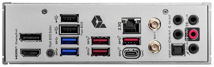 Tylna strona płyty głównej komputera z wieloma portami USB, złączem HDMI, gniazdami audio oraz złączami sieciowymi.
