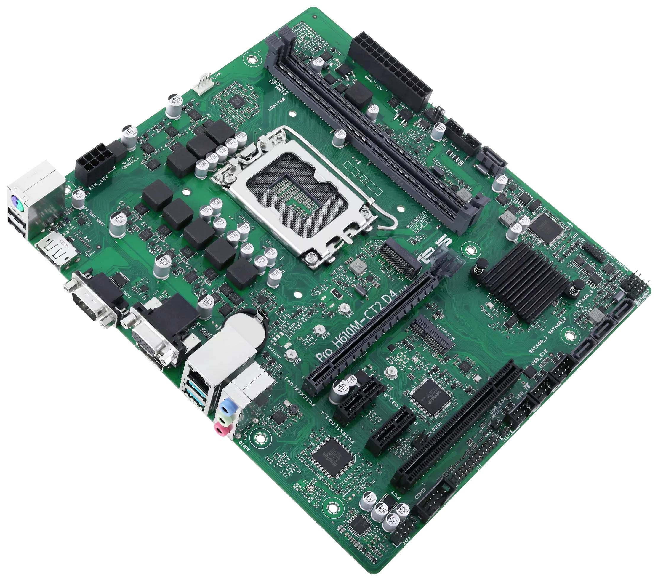 Zielona płyta główna komputera przedstawiająca centralną oprawę procesora, sloty pamięci RAM oraz różne komponenty elektroniczne.