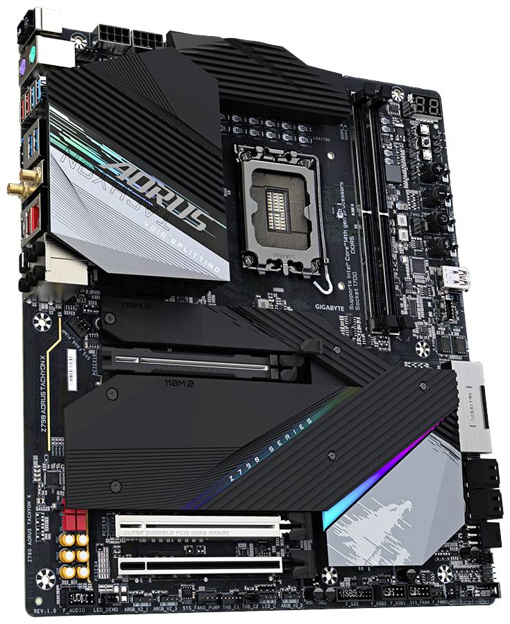 Płyta główna komputera z wieloma złączami i slotami, w tym PCIe, slotami RAM oraz gniazdem procesora. Widoczna nazwa marki.