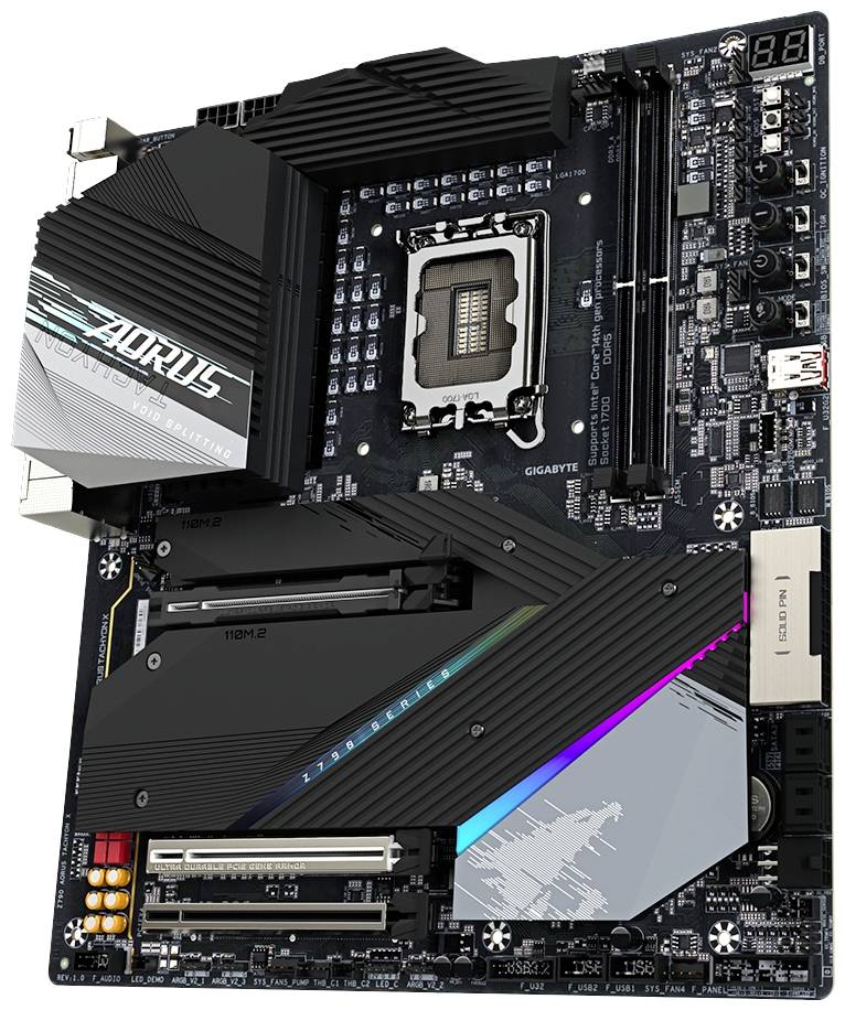 Płyta główna z gniazdem LGA1200, kilkoma slotami PCIe oraz slotami pamięci RAM. Oznaczona logo 'GIGABYTE' i 'AORUS'.