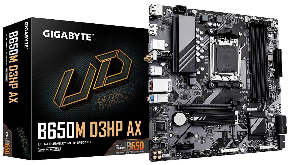Płyta główna GIGABYTE B650M D3HP AX i opakowanie. Format Micro-ATX, sloty PCIe, gniazda RAM, złącza USB. Odpowiednia dla procesorów AMD Ryzen.