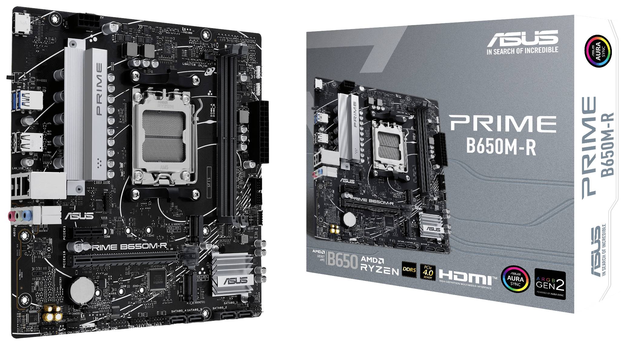 Ilustracja płyty głównej ASUS PRIME B650M-R, widok z przodu oraz na opakowaniu. Przedstawia złącza i układ płyty głównej.