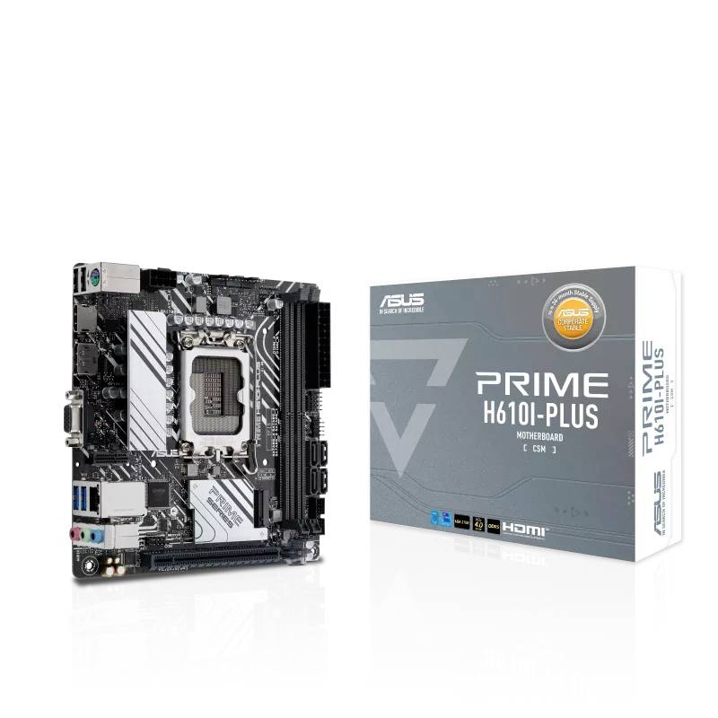 Płyta główna Asus PRIME H610I-PLUS oraz opakowanie; format ATX, obsługiwane procesory: Intel Socket LGA 1700, kompatybilność z DDR5.