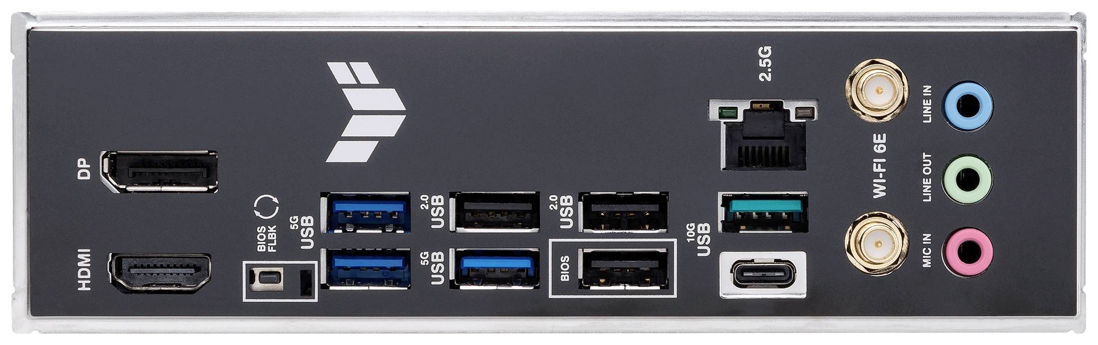 Tylna strona płyty głównej komputera z portami: HDMI, DisplayPort, USB 3.0, USB-C, Ethernet, złącza audio, anteny Wi-Fi.