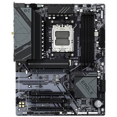 Płyta główna z gniazdem AM5, wieloma slotami PCIe oraz czterema slotami RAM. Oznaczona jako 'B650 EAGLE AX'.
