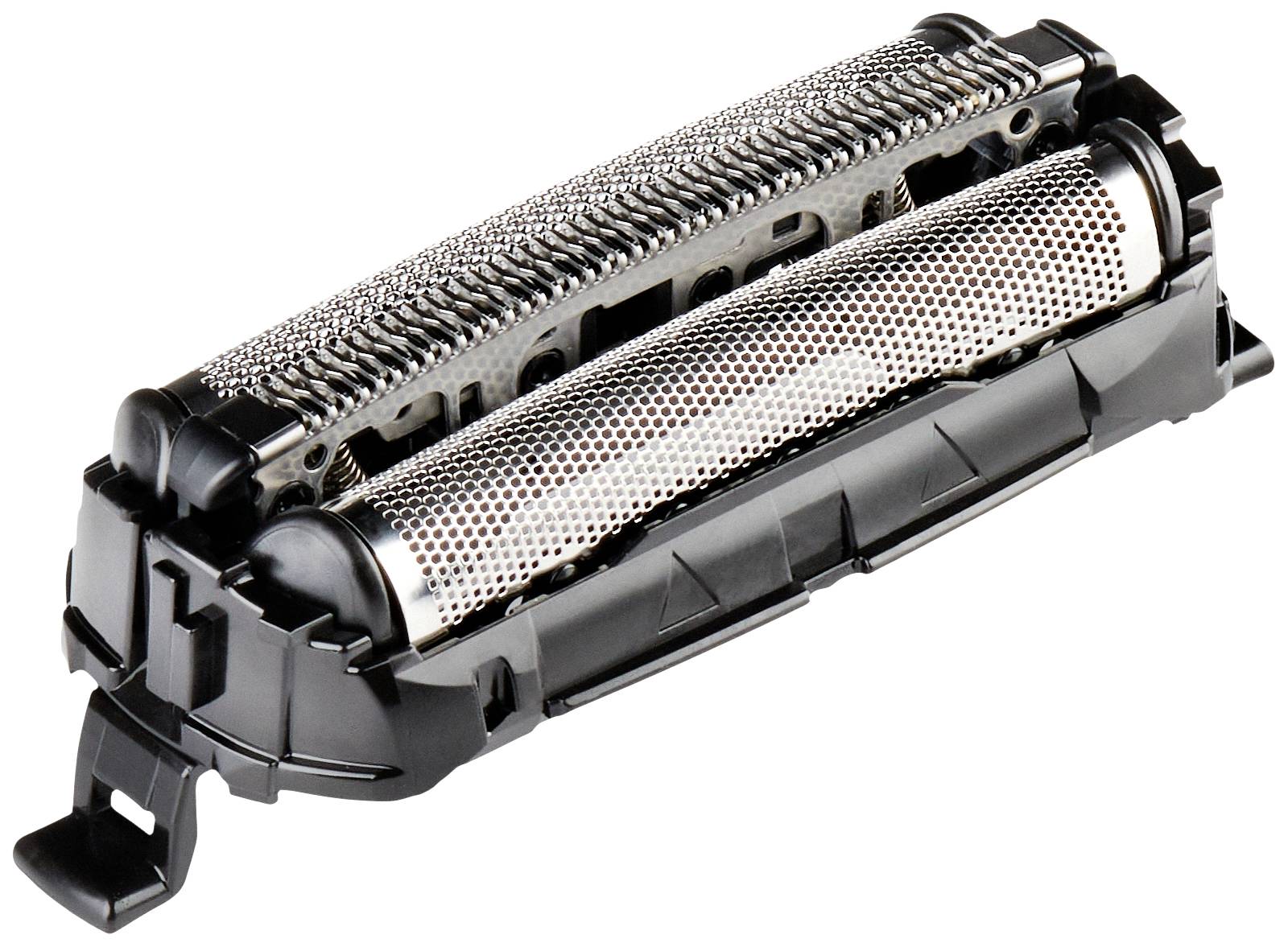 Elektryczna głowica golarki z dwoma siatkami tnącymi w kolorze srebrnym z czarną podstawą, używana do precyzyjnego golenia.