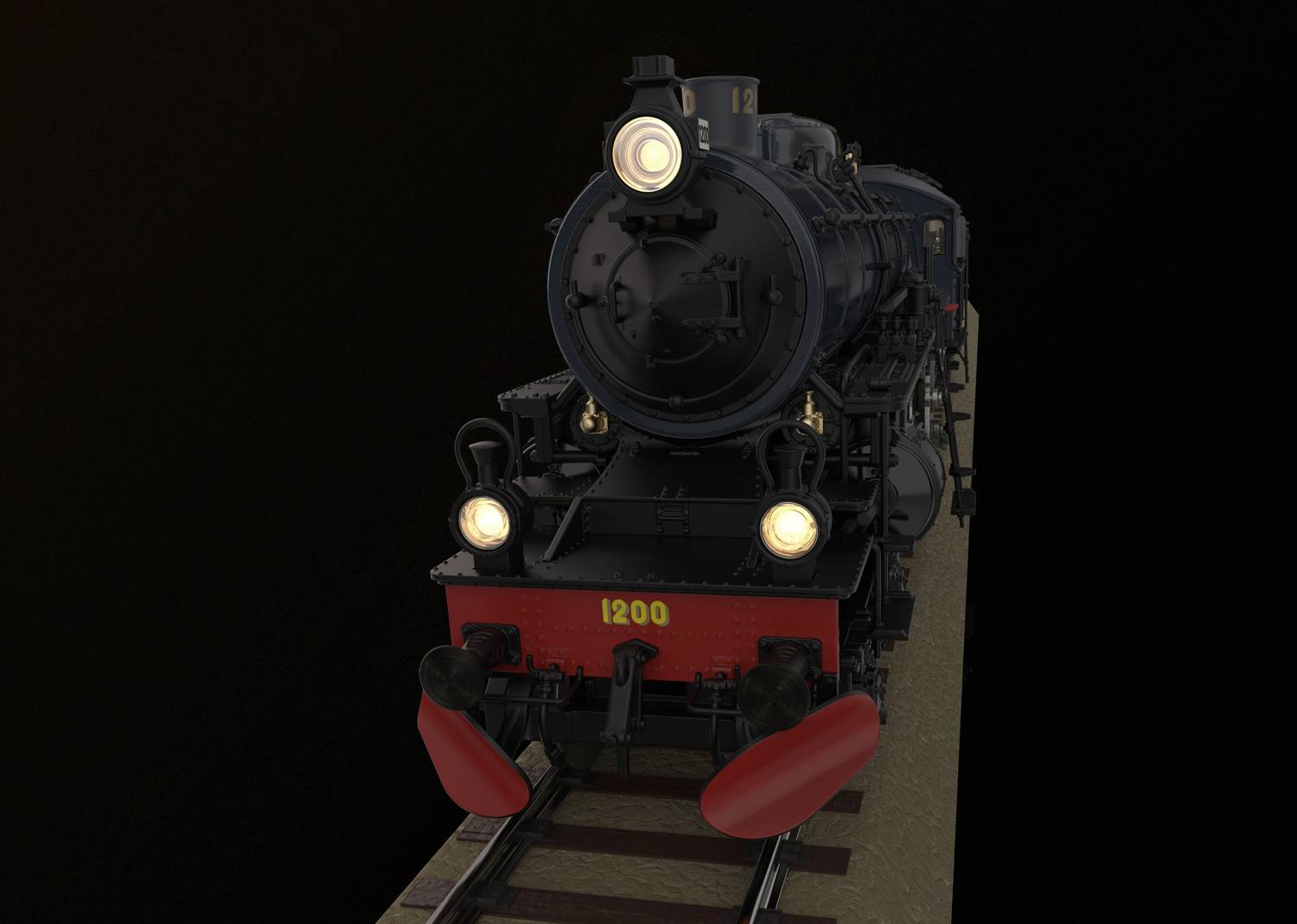 Czarna lokomotywa parowa o numerze '1200' jedzie po torach, z jasnymi reflektorami czołowymi, na ciemnym tle.