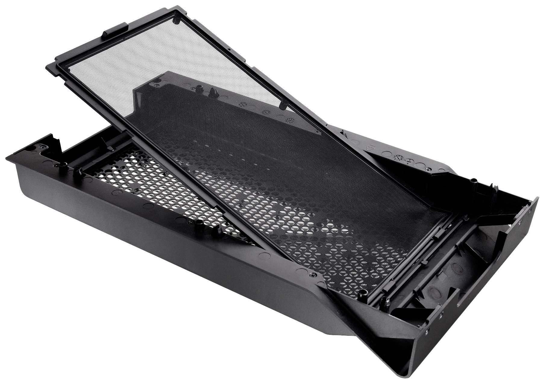 Czarna, prostokątna taca z tworzywa sztucznego z perforowanym dnem i otwieraną pokrywą.