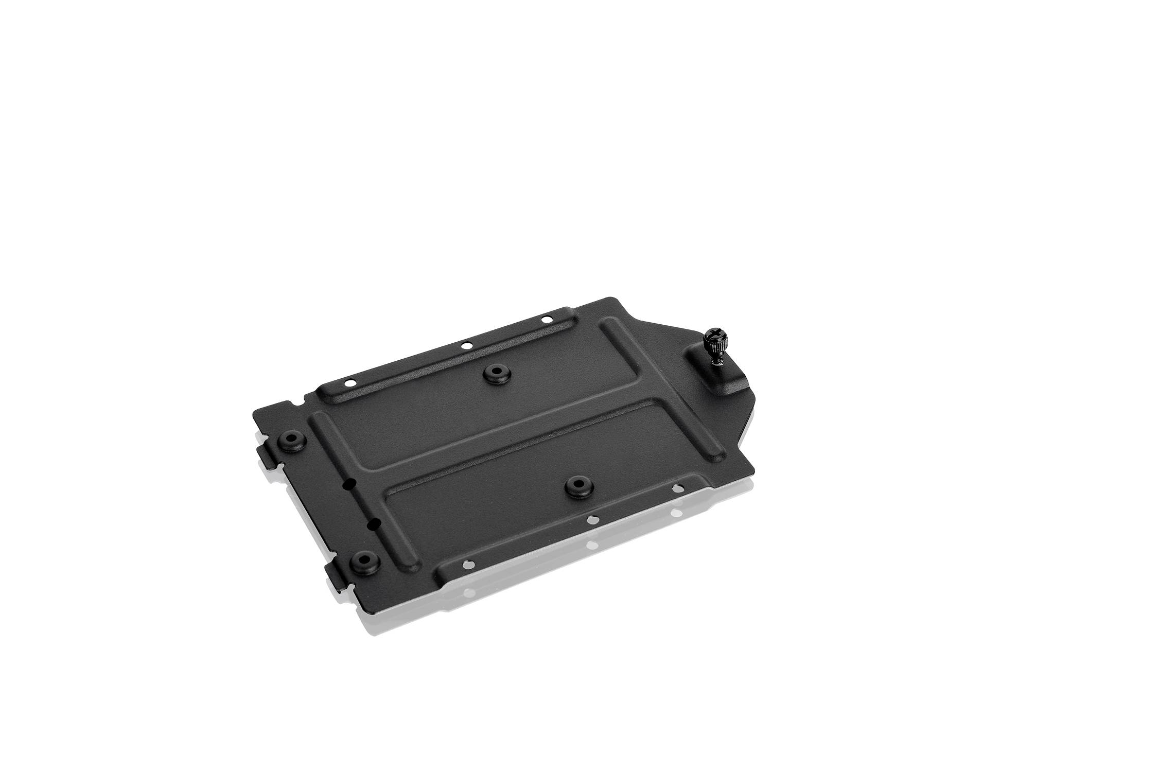 Prostokątny, czarny element techniczny o podwyższonej powierzchni, z otworami na śruby i widocznymi krawędziami, sfotografowany na białym tle.