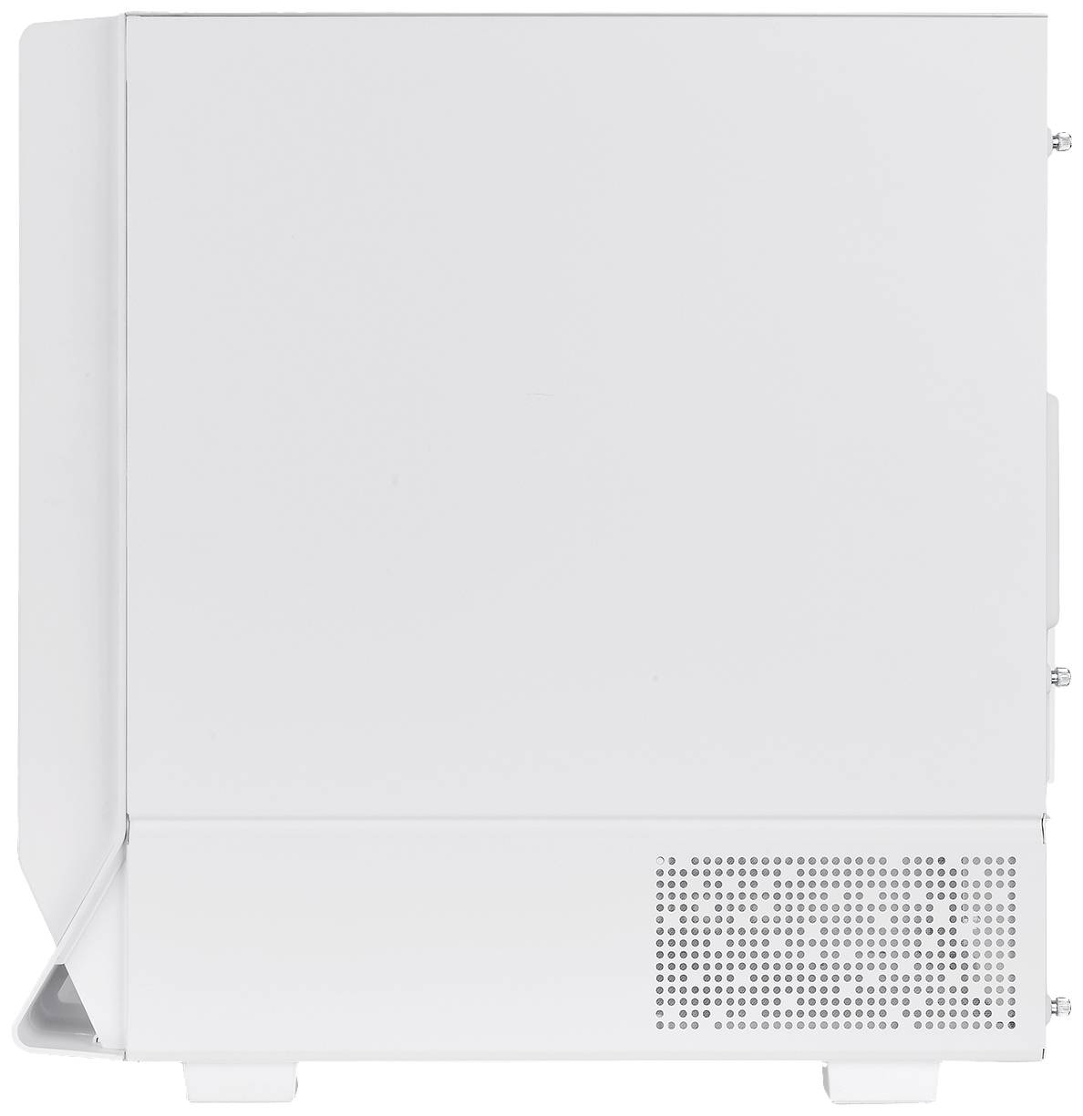 Białe, minimalistyczne obudowa komputerowa z bocznym chłodzeniem. Stoi na dwóch małych stopkach i posiada gładką powierzchnię.