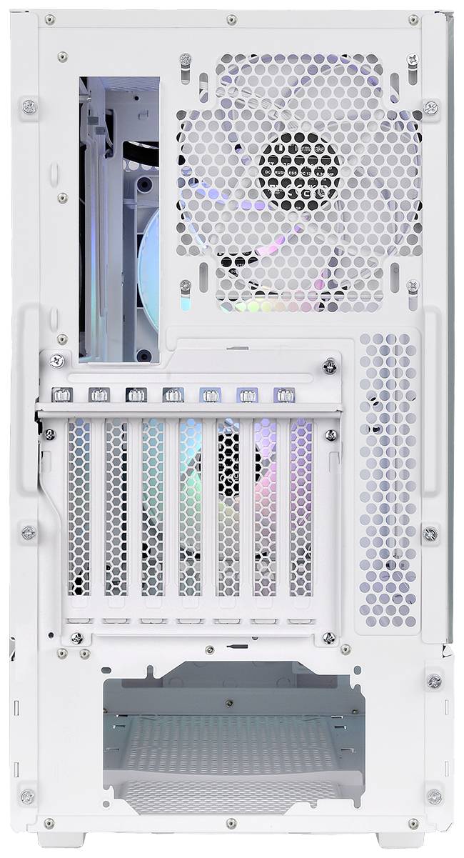 Tylna strona białej obudowy komputera z widocznymi wentylatorami i gniazdami rozszerzeń, niektóre z tęczowym podświetleniem LED.