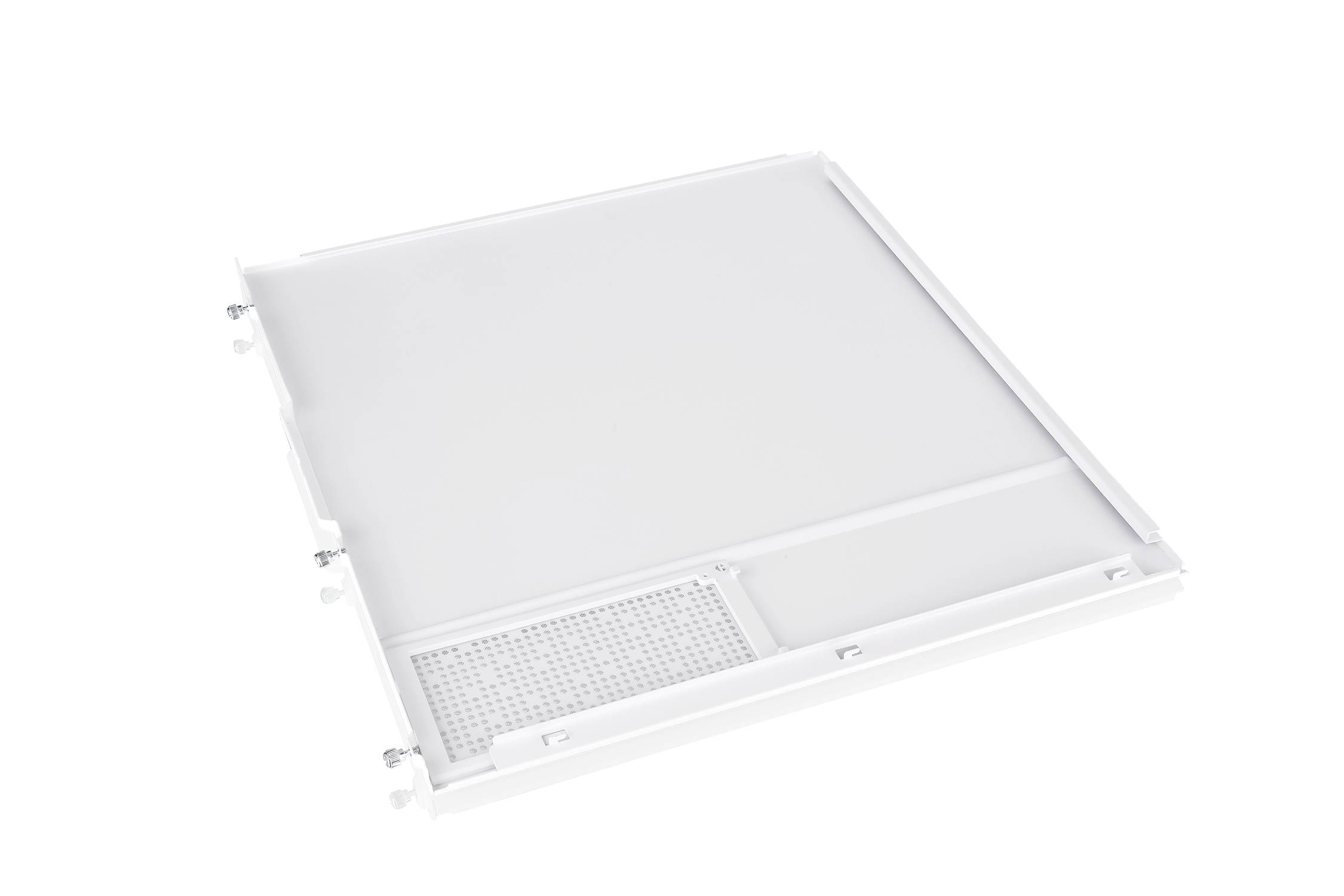 Biały filtr sufitowy w kształcie kwadratu, przeznaczony głównie do oczyszczania powietrza. Od spodu posiada małą sekcję kratownicy.