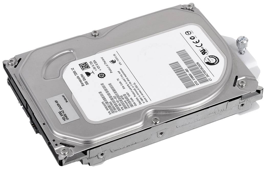 'Wewnętrzny dysk twardy, srebrna obudowa, oznaczenia techniczne i kod kreskowy na białej etykiecie, śruby na krawędziach.'