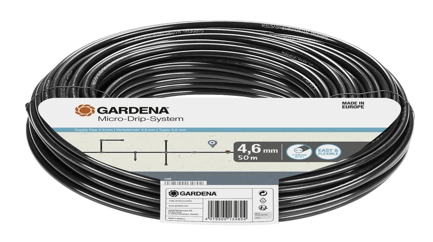 Rolka węża Gardena Micro-Drip-System, o średnicy 4,6 mm, długości 50 m, oznakowana dla łatwego i elastycznego użycia, produkowana w Europie.