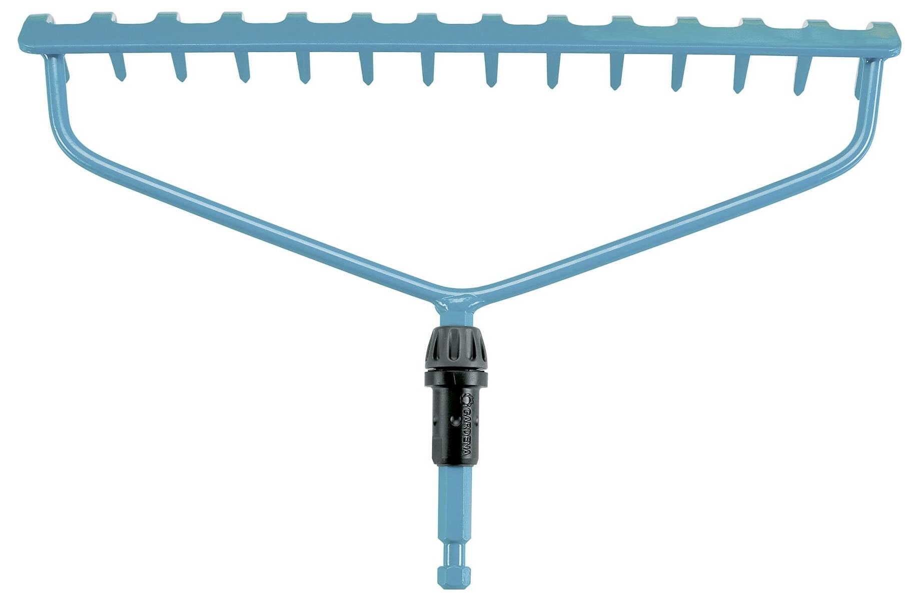 Niebieska plastikowa głowica do grabie ogrodowej z wieloma zębami i czarnym mocowaniem do podłączenia trzonka.