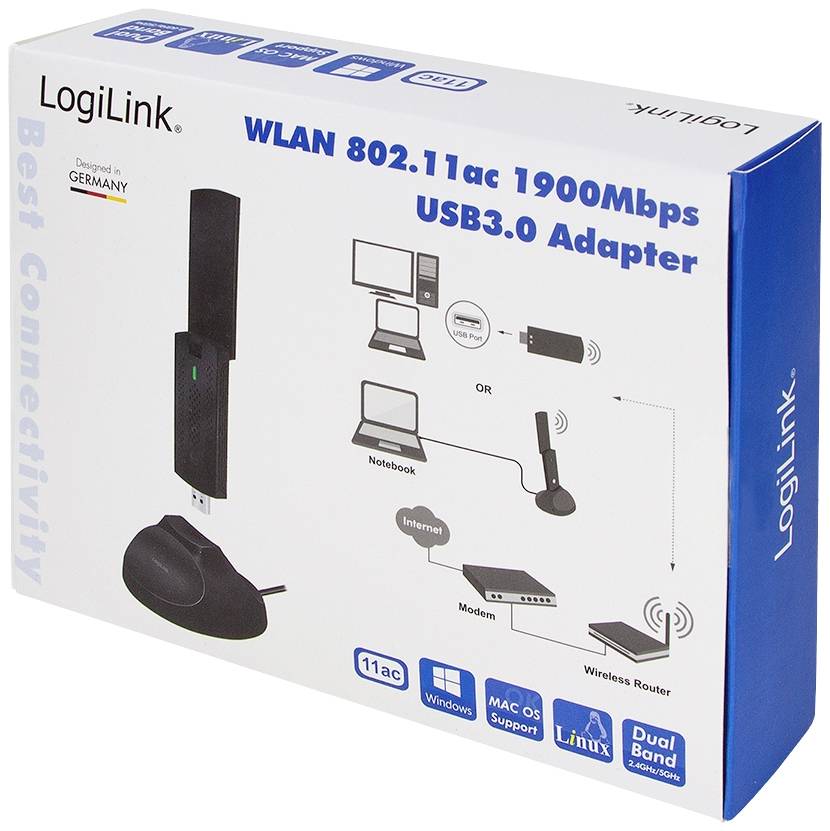 Adapter USB LogiLink WLAN 802.11ac 1900Mbps USB3.0, odpowiedni dla Windows, Mac OS, Linux. Zdjęcie przedstawia adapter, modem, router, notebook.