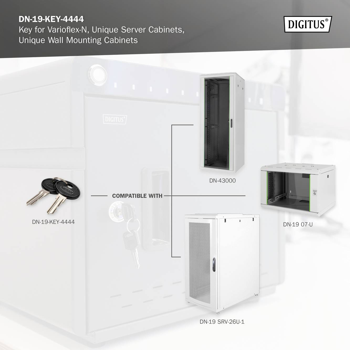 Zdjęcie produktowe 'Digitus' przedstawia klucz 'DN-19-KEY-4444' obok prezentowanych szaf sieciowych. Zawiera 'DN-19-07U', 'DN-19-SRV-26U.1' oraz 'DN-43000' jako kompatybilne modele.