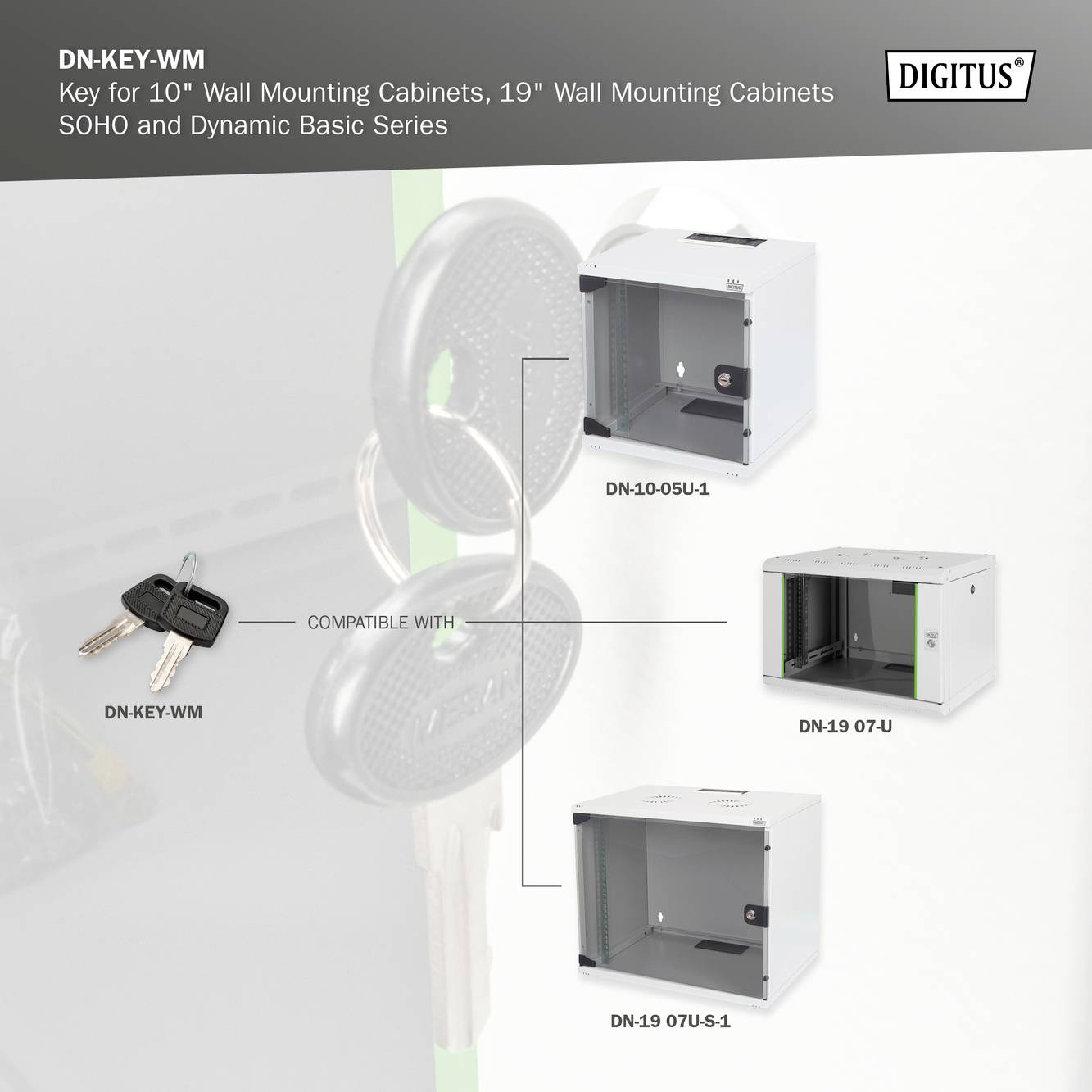 Diagram przedstawia klucz do szafek naściennych (DN-KEY-WM) oraz kompatybilne modele: DN-10-05U-L1, DN-19 07U, DN-19 07U-S1.