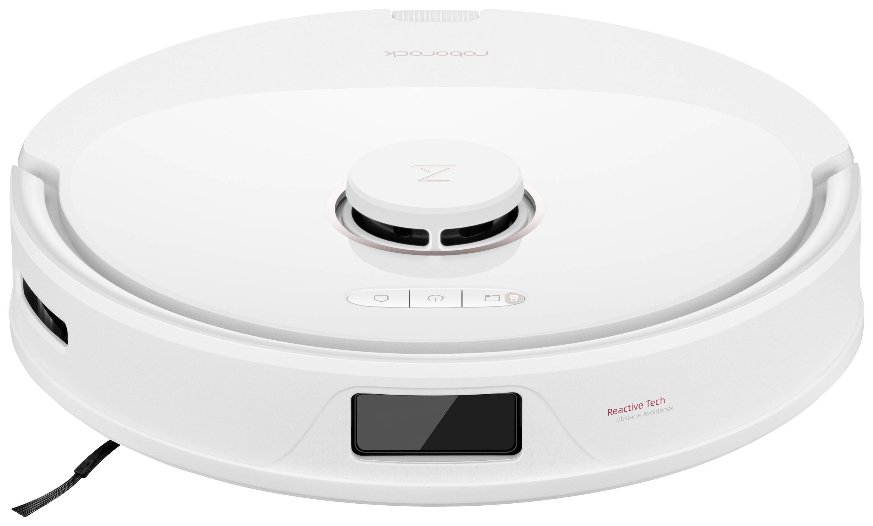 Okrągły, nowoczesny biały robot sprzątający z czujnikami na górnej powierzchni oraz czarnym oknem nawigacyjnym umieszczonym z przodu.