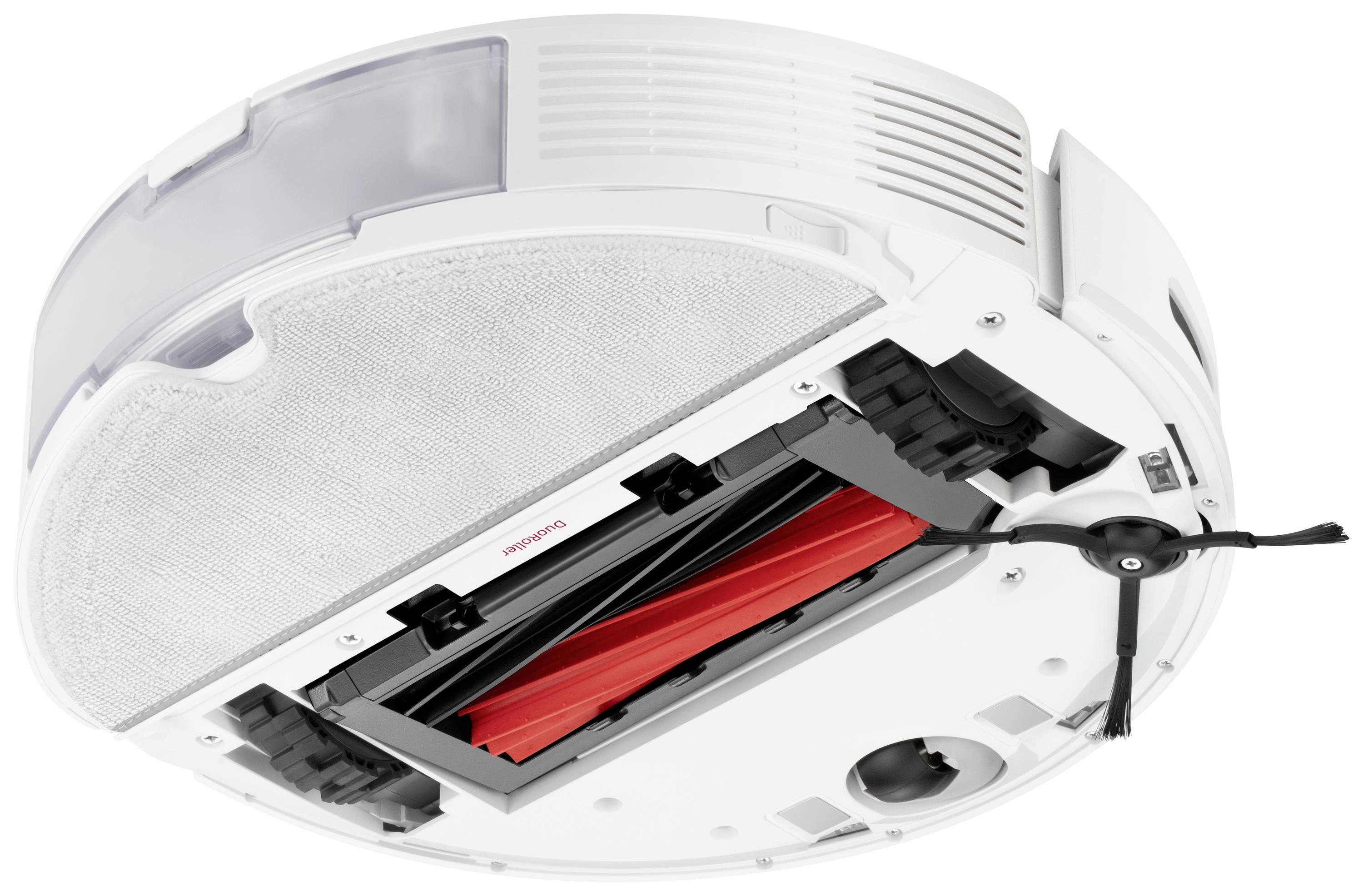 Robot odkurzający widziany od dołu, ukazujący szczotki i czujniki.