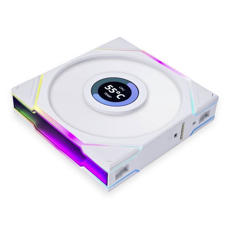 Biały wentylator komputerowy z podświetleniem RGB wyświetla pośrodku: '55°C'. Wentylator jest kwadratowy i ma zaokrąglone krawędzie.