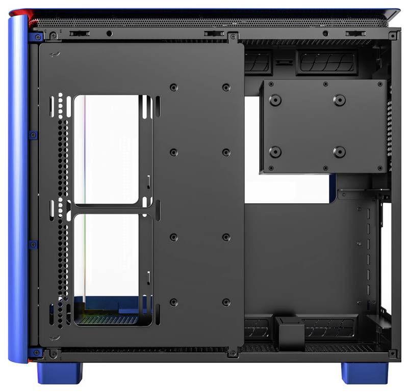 Pusta przestrzeń wewnętrzna obudowy komputera z możliwością montażu wsporników oraz opcjami zarządzania kablami. Detale w kolorach zielonym i czarnym, białe okno boczne.
