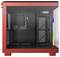 Czerwona obudowa PC z przezroczystym oknem szklanym, przedstawiająca widok wnętrza bez komponentów, z widocznym logo Montech, odpowiednia do zestawów dla graczy.