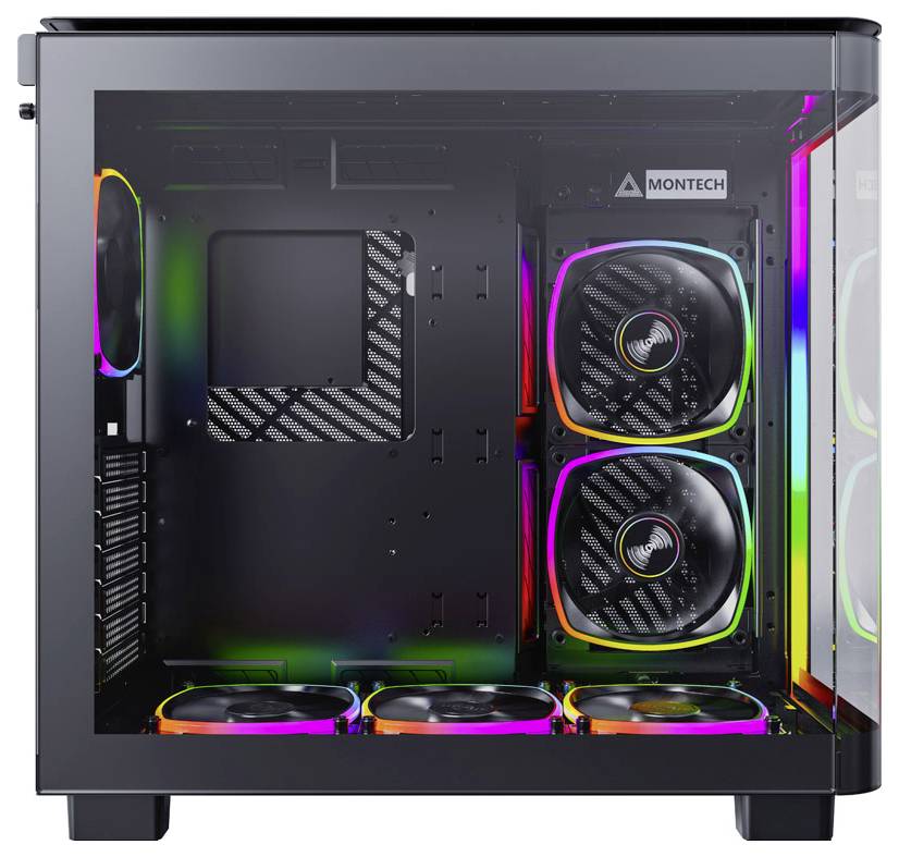 Czarna obudowa komputera z przezroczystym panelem bocznym. Widoczne są dwa duże, świecące wentylatory. Znak firmowy 'Montech'.