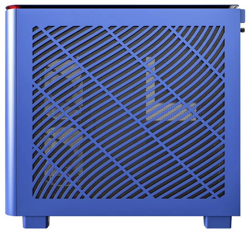 Niebieska obudowa komputera z bocznym wzorem kratki; wewnętrzne komponenty lekko widoczne przez otwory w siatce.