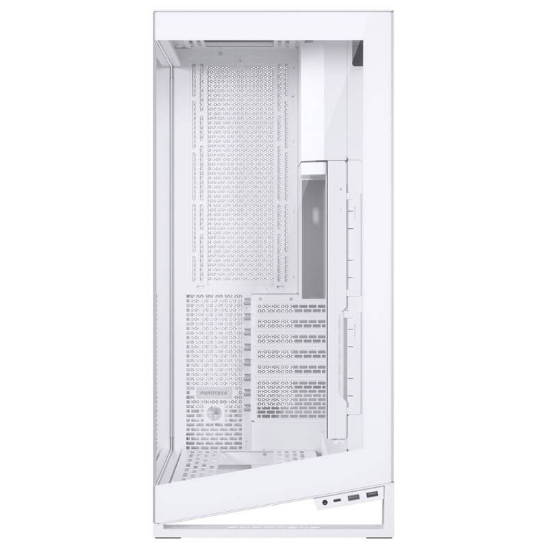 Białą obudowę komputera z przezroczystą boczną ścianką, prezentującą wewnętrzną strukturę oraz złącza do chłodzenia i podłączenia komponentów.