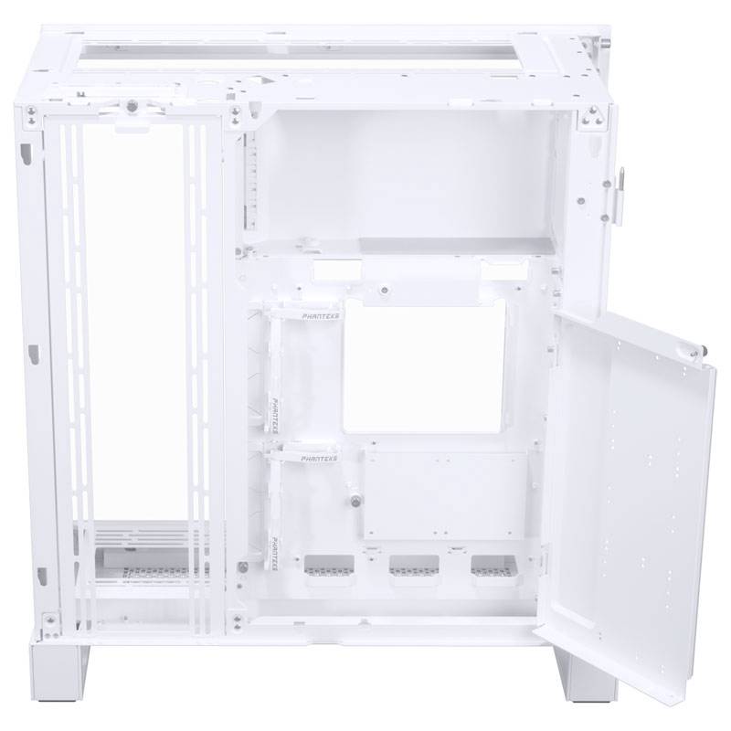 Białą, pustą obudowę komputerową z otwartą boczną ścianką, prezentującą widoczne wnętrze. Idealna do modyfikacji komputera PC.