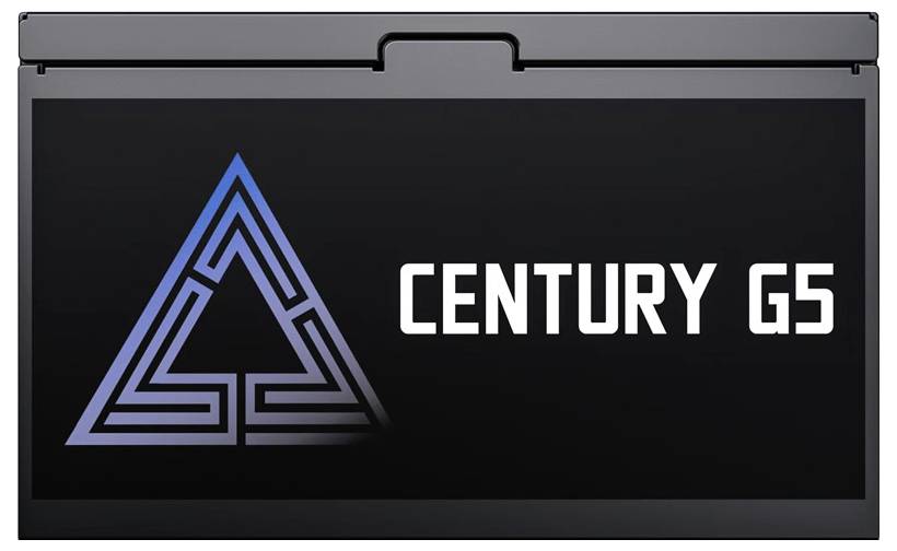 Ekran laptopa wyświetla logo stylizowanego niebieskiego trójkąta obok tekstu 'CENTURY G5'.