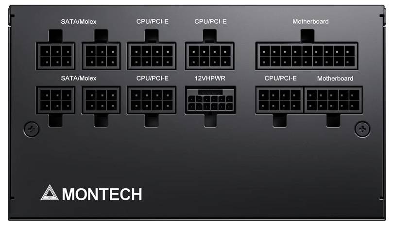 Przednia strona zasilacza komputerowego z różnymi złączami zasilania: SATA/Molex, CPU/PCI-E, 12VHPWR i płyta główna. Logo marki w lewym dolnym rogu.