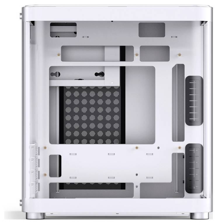 Białe obudowa komputera, widoczna z boku. Kilka otworów i punktów mocujących dla komponentów, kratki wentylacyjne z tyłu.