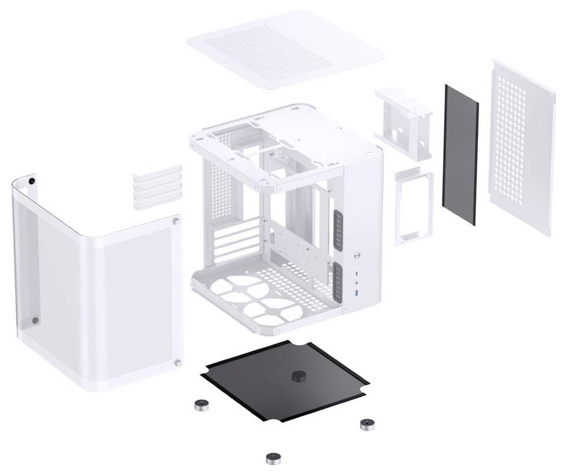 Rysunek rozstrzelony obudowy komputera przedstawia jej komponenty w kolorze białym, w tym panel boczny, przednią płytę i kratkę wentylacyjną.
