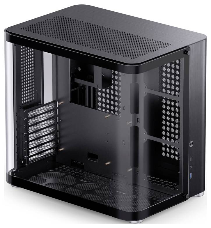Obudowa komputera z przezroczystymi bokami i wieloma slotami rozszerzeń, odpowiednia do samodzielnej budowy komputera.