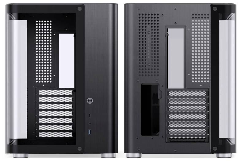 Dwa puste obudowy komputerowe z metalu, pokazane obok siebie, z wieloma szczelinami wentylacyjnymi i gniazdami rozszerzeń.