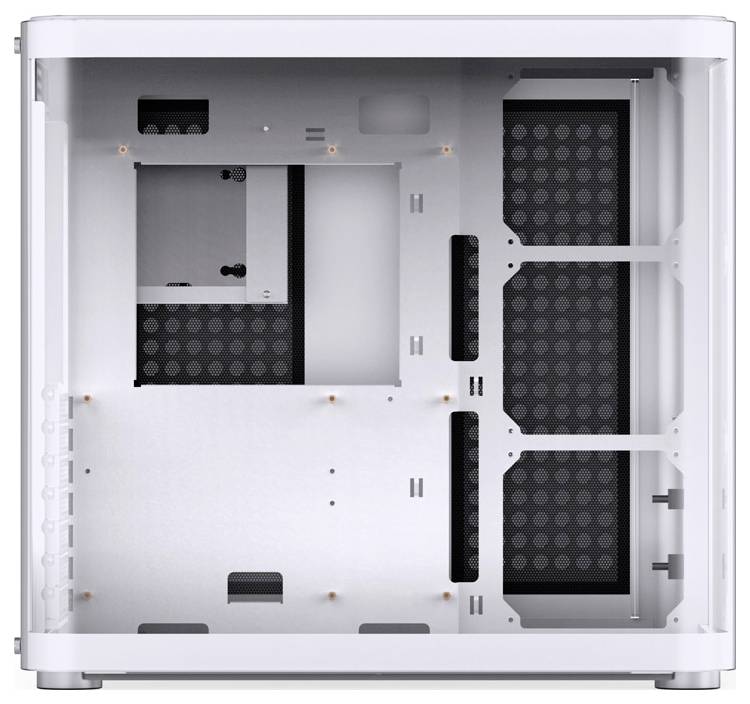 Białe obudowa komputerowa z otwartą boczną ścianką, ukazująca przestrzeń i punkty mocowania dla płyty głównej oraz innych komponentów.