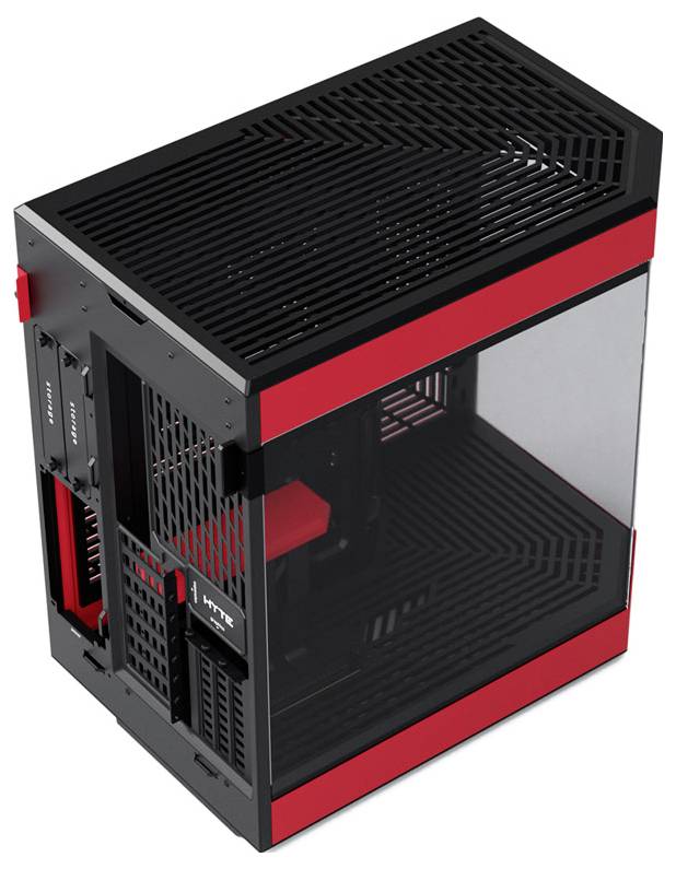 Czarna obudowa komputera z czerwonymi akcentami. Boczne okno umożliwia wgląd do wnętrza. Idealna dla komputerów do gier lub indywidualnych zestawów.