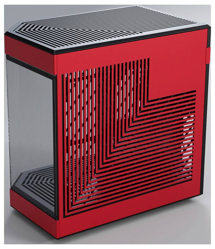 Czerwona obudowa komputera z geometrycznymi, czarnymi otworami wentylacyjnymi. Prostokątny kształt z przezroczystymi ściankami bocznymi.