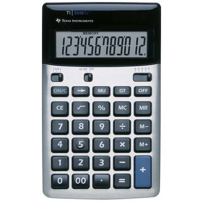 Kalkulator z dużymi przyciskami i wyświetlaczem pokazującym '1234567890 12.'. Górna część z logo 'Texas Instruments'. Wyposażony w podstawowe funkcje matematyczne.