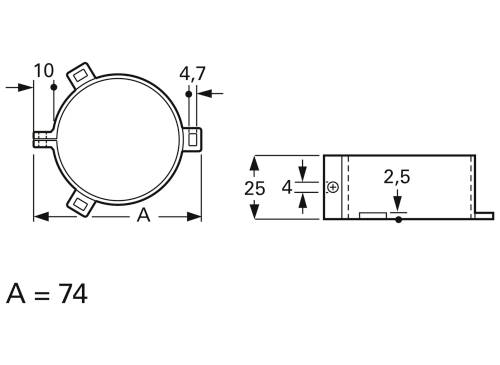 Rysunek techniczny cylindrycznego obiektu z wymiarami: średnica 74 mm, wysokość 25 mm, grubość 4,7 mm.