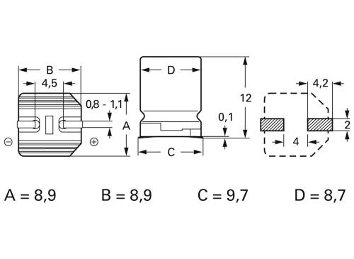 Rysunek techniczny elementu z wieloma widokami i wymiarami: A = 8,9, B = 8,9, C = 9,7, D = 8,7.