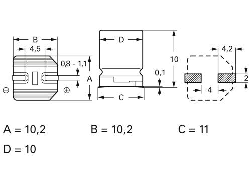 Rysunek techniczny elementu z wymiarami: A = 10,2, B = 10,2, C = 11, D = 10. Widok z przodu i z boku z oznaczeniami wymiarów.