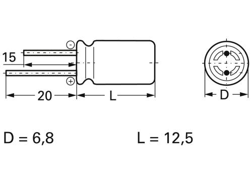 Rysunek elementu elektronicznego z wymiarami: D = 6,8 mm, L = 12,5 mm. Widok z boku i z przodu z oznaczeniem biegunów.