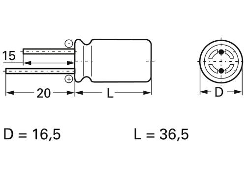 Rysunek techniczny elementu cylindrycznego z wymiarami: średnica 16,5 mm, długość 36,5 mm. Widoczne są złącza i ich rozmieszczenie.